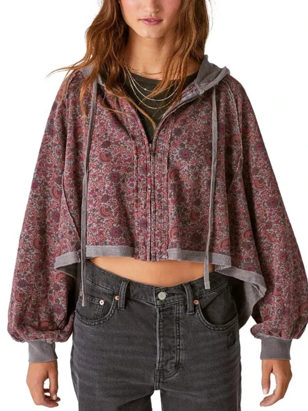 Lucky Brand Womens Cotton Raw-Edge Cropped Zip-Up Hoodie Sweatshirt Size L